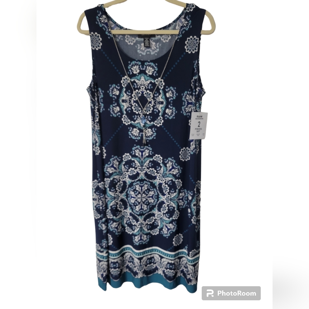 R&M Richard's size 14 teal,gray & navy 2 piece dress w/attached necklace